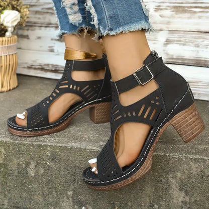 Versatile Hollow Out Mid Heel Open Toe Sandals