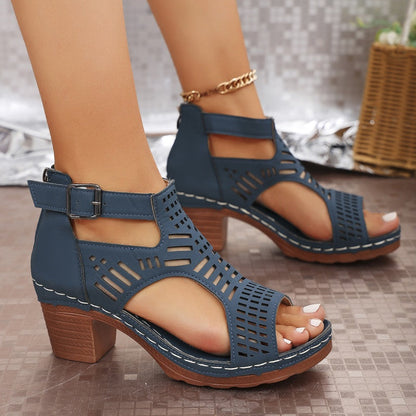Versatile Hollow Out Mid Heel Open Toe Sandals