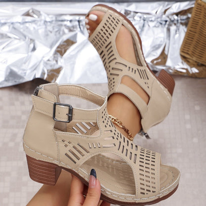 Versatile Hollow Out Mid Heel Open Toe Sandals