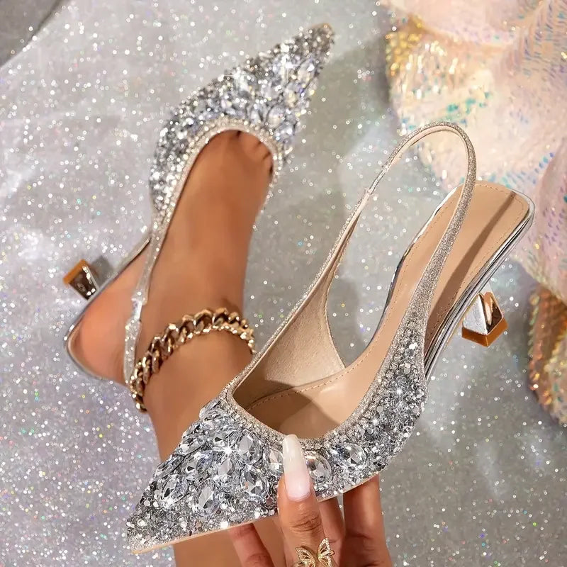 Women's Rhinestone Pointed Closed Toe Slingback Heels