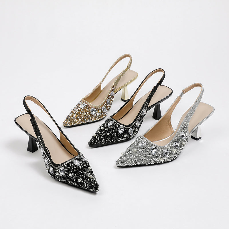 Women's Rhinestone Pointed Closed Toe Slingback Heels