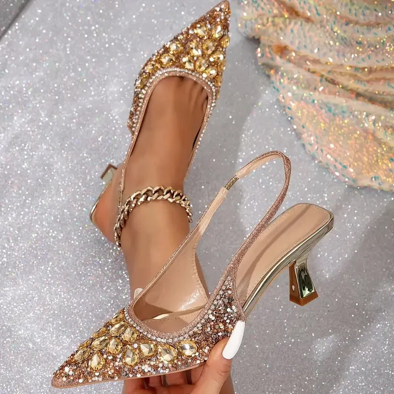Women's Rhinestone Pointed Closed Toe Slingback Heels