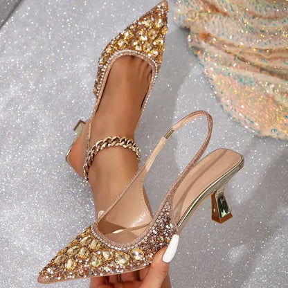Women's Rhinestone Pointed Closed Toe Slingback Heels