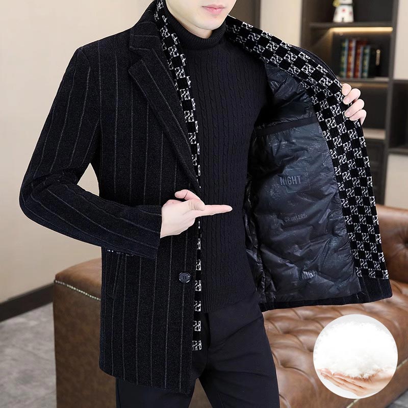 Men’s Stylish Notched Lapel Winter Tweed Jacket with White Duck Down Lining