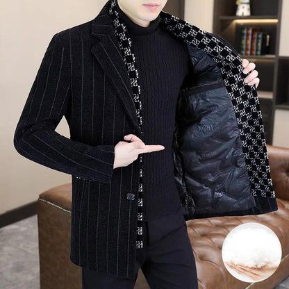 Men’s Stylish Notched Lapel Winter Tweed Jacket with White Duck Down Lining