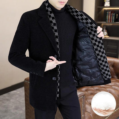 Men’s Stylish Notched Lapel Winter Tweed Jacket with White Duck Down Lining