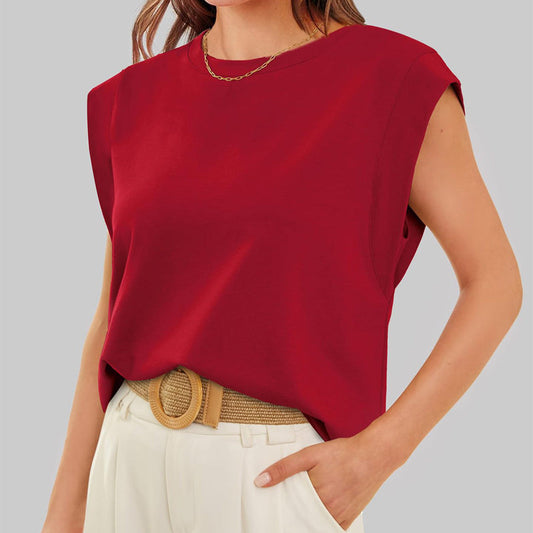 Solid Color Round Neck Cap Sleeve Top