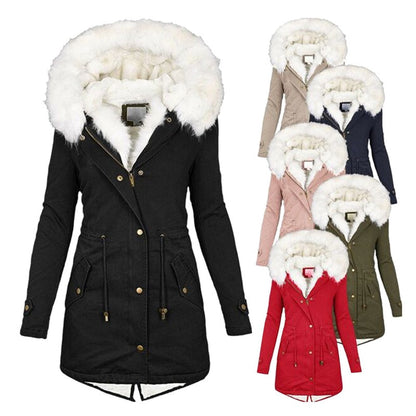 Women's Warm Mid-Length Coat with Faux Fur Hood