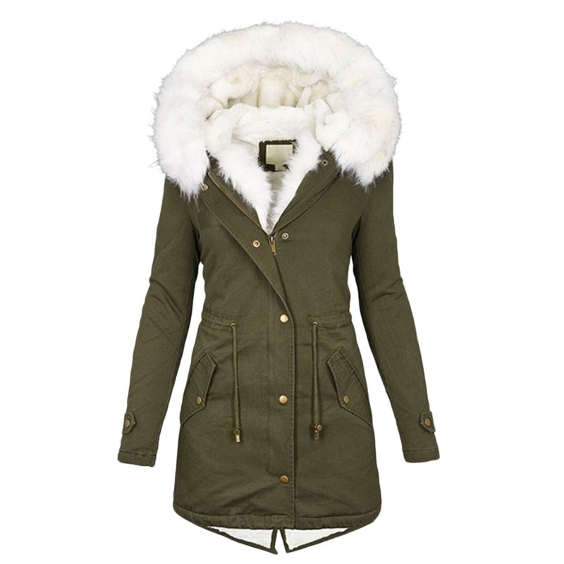 Women's Warm Mid-Length Coat with Faux Fur Hood