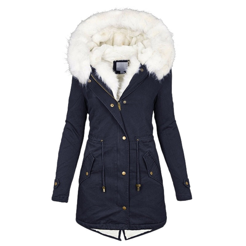 Women's Warm Mid-Length Coat with Faux Fur Hood