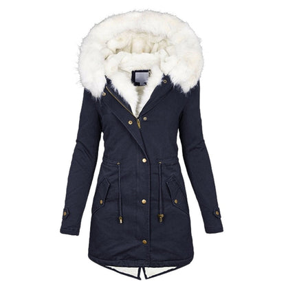 Women's Warm Mid-Length Coat with Faux Fur Hood