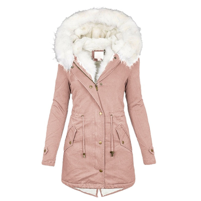 Women's Warm Mid-Length Coat with Faux Fur Hood