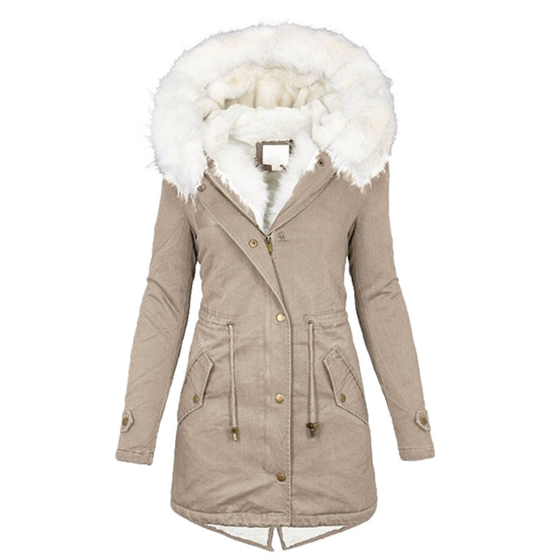 Women's Warm Mid-Length Coat with Faux Fur Hood
