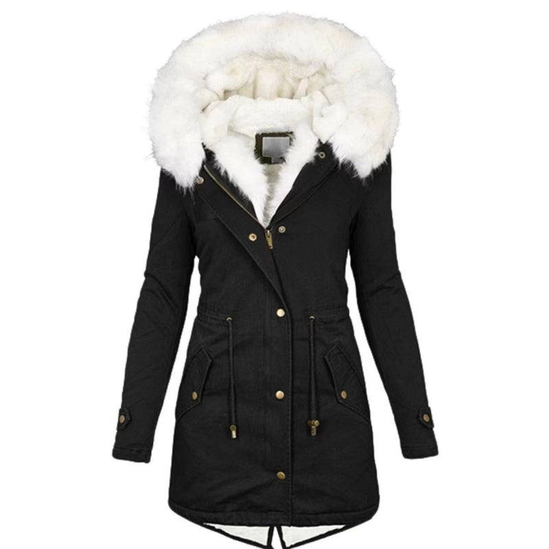 Women's Warm Mid-Length Coat with Faux Fur Hood