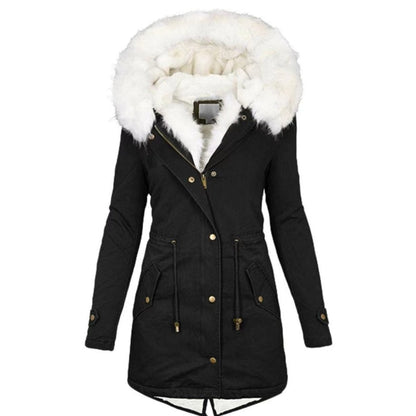 Women's Warm Mid-Length Coat with Faux Fur Hood