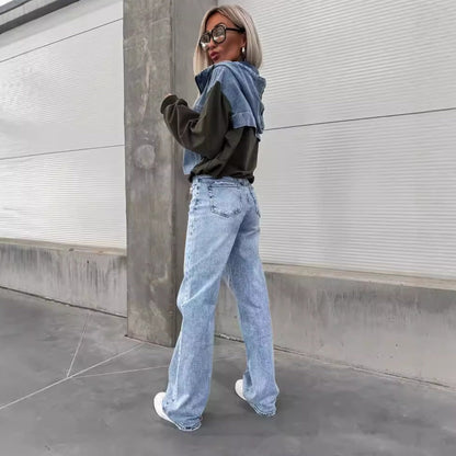 Women's Layered Hoodie Denim Jacket with Drawstring