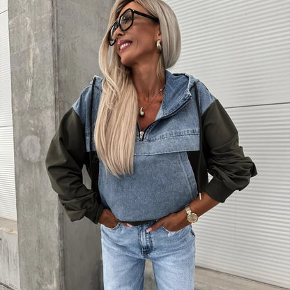 Women's Layered Hoodie Denim Jacket with Drawstring