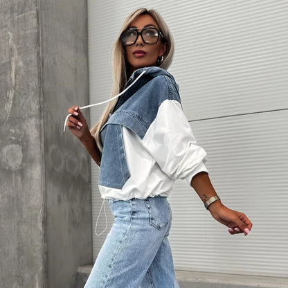 Women's Layered Hoodie Denim Jacket with Drawstring