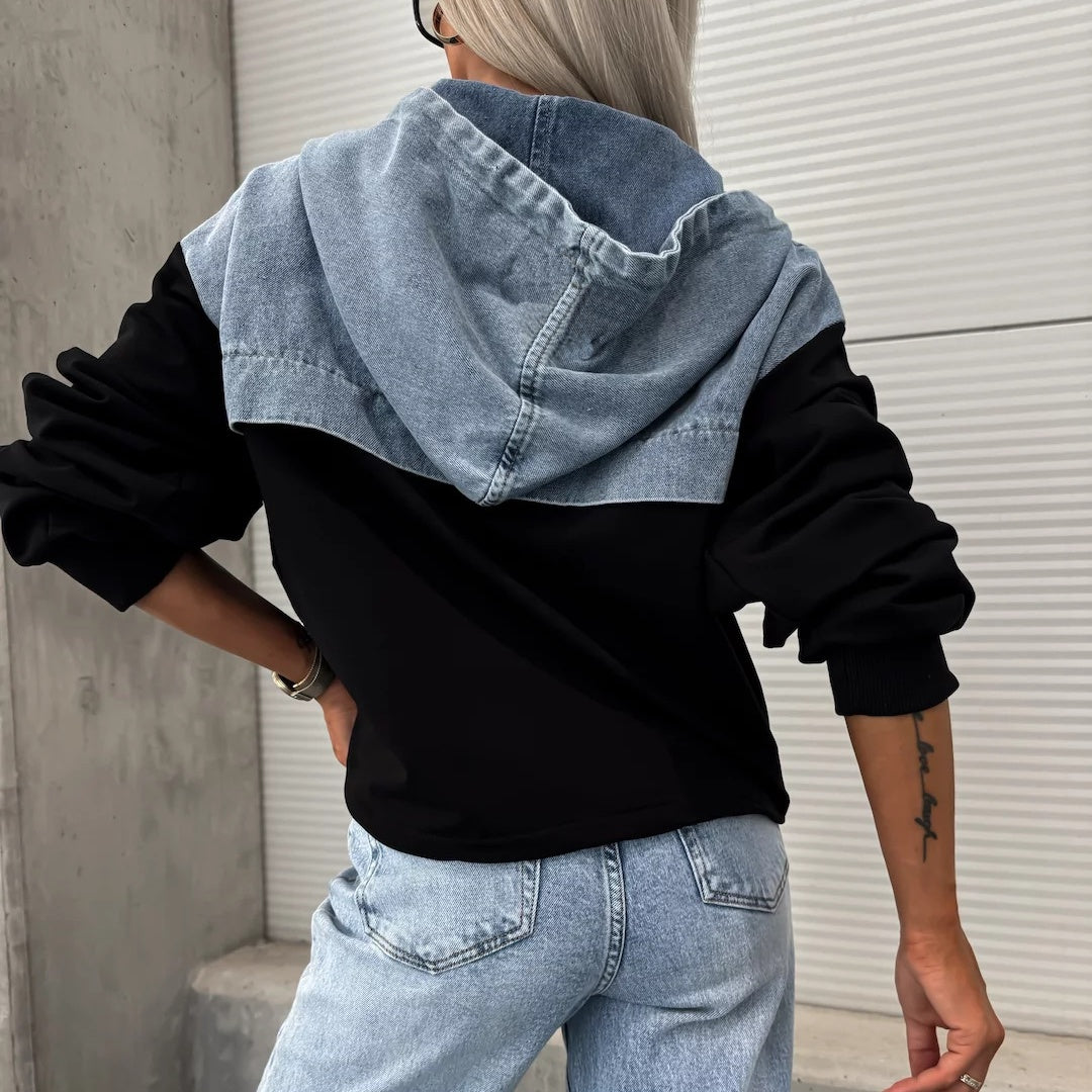 Women's Layered Hoodie Denim Jacket with Drawstring