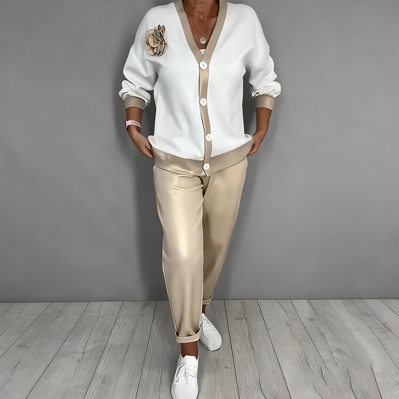 Women’s Casual V-Neck Top & High Waist Pants 2-Piece Set