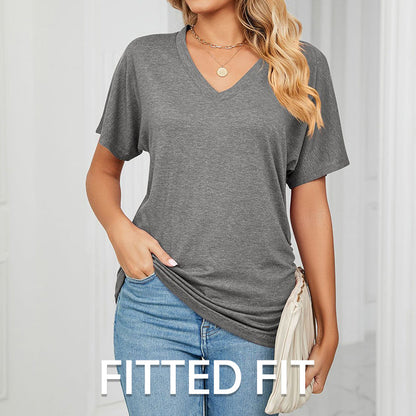 Women's V-Neck Loose Soft Solid Color Short Sleeve Top
