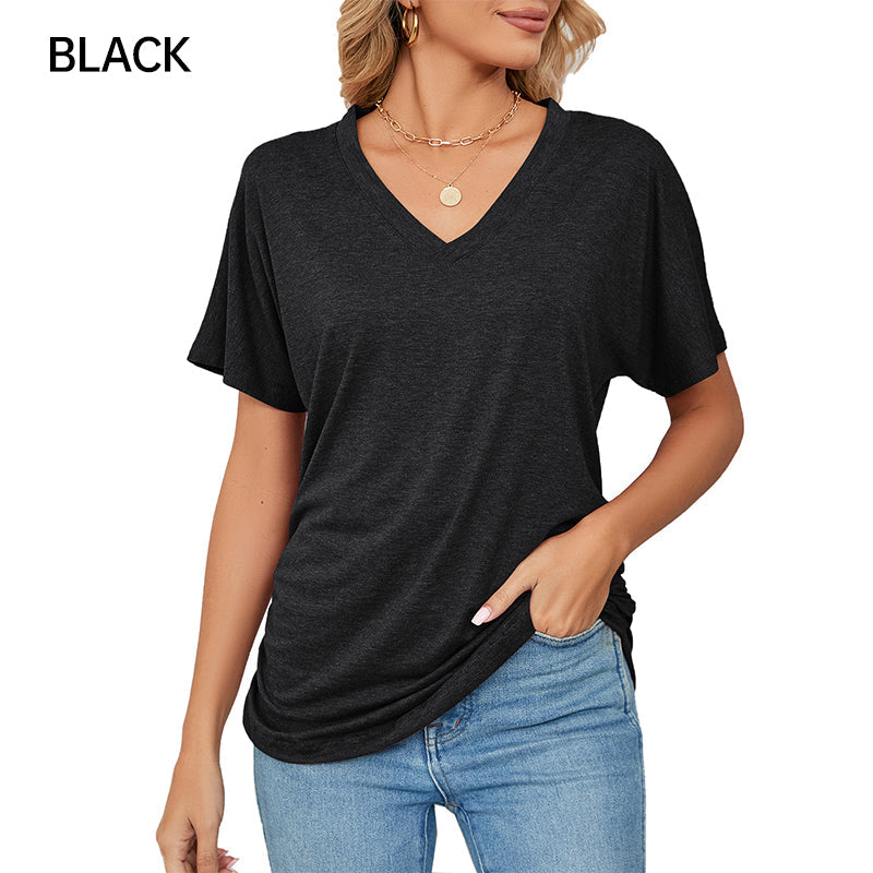 Women's V-Neck Loose Soft Solid Color Short Sleeve Top