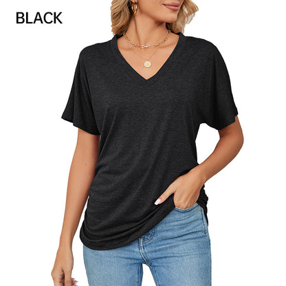 Women's V-Neck Loose Soft Solid Color Short Sleeve Top