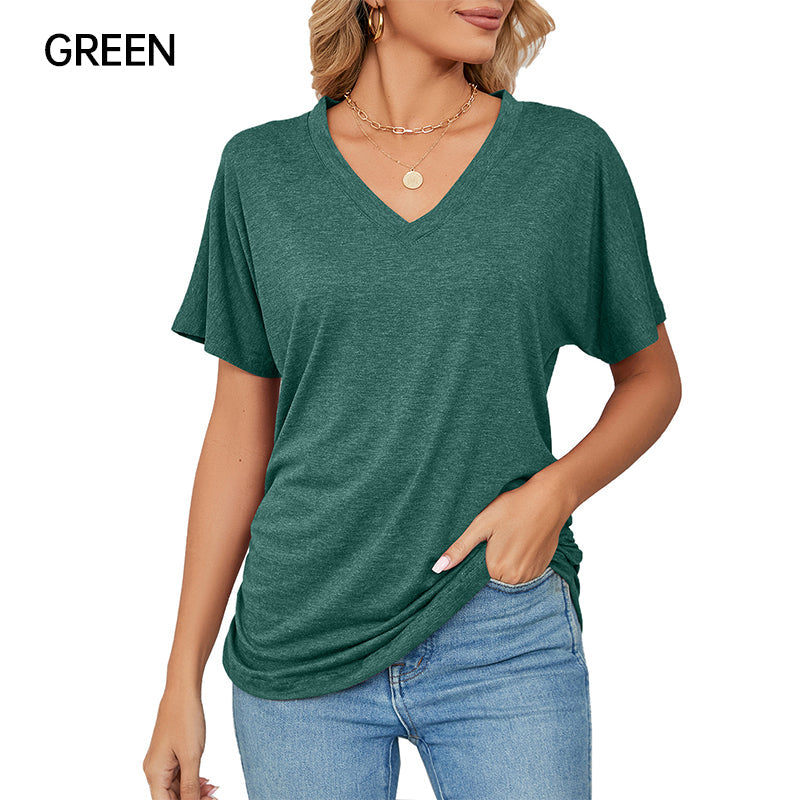 Women's V-Neck Loose Soft Solid Color Short Sleeve Top