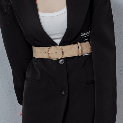 Women's Wide Faux Leather Belt with Round Buckle