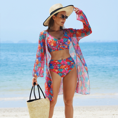 Women's Fashion Multicolor Printed Bikini Swimsuit 3 Piece Set