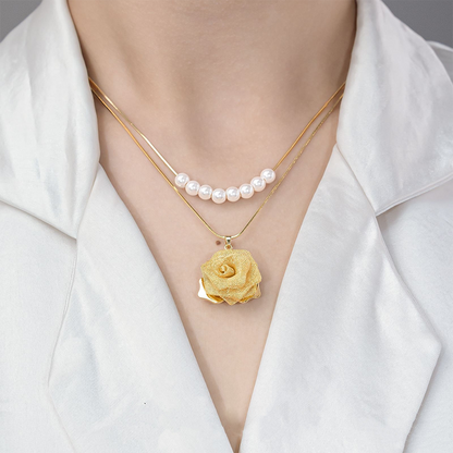 3D Rose & Pearl Double Layered Necklace