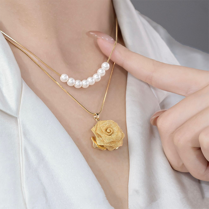 3D Rose & Pearl Double Layered Necklace