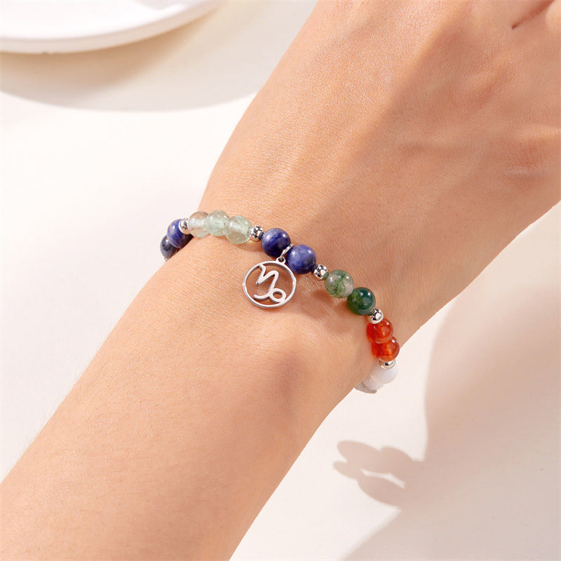 12 Zodiac Stone Beaded Bracelet with Astrological Sign Charm