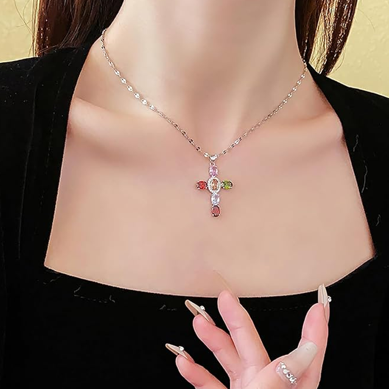 Colorful Rhinestone Cross Pendant Necklaces
