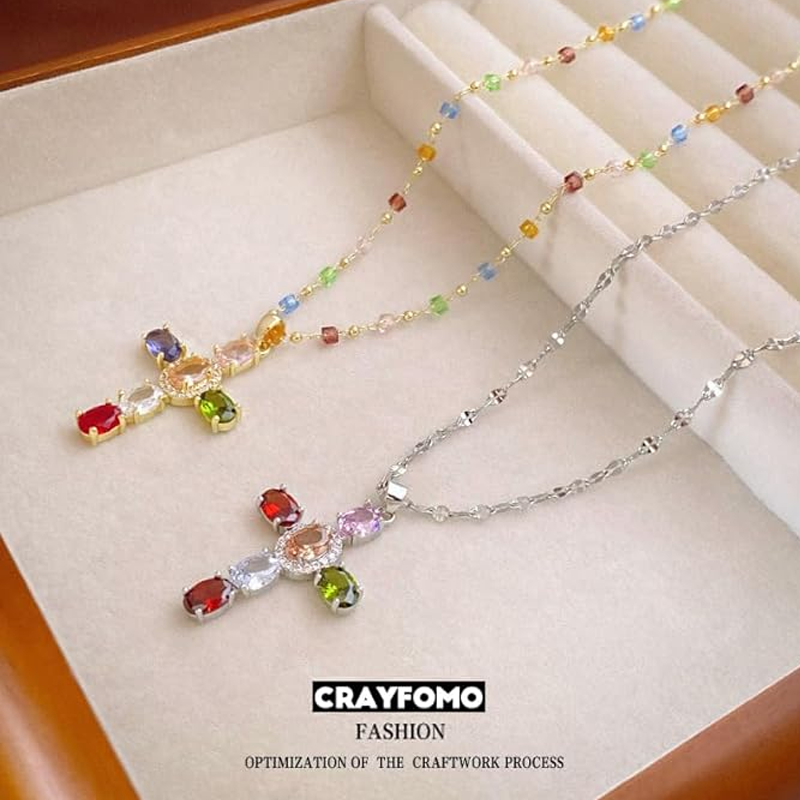 Colorful Rhinestone Cross Pendant Necklaces