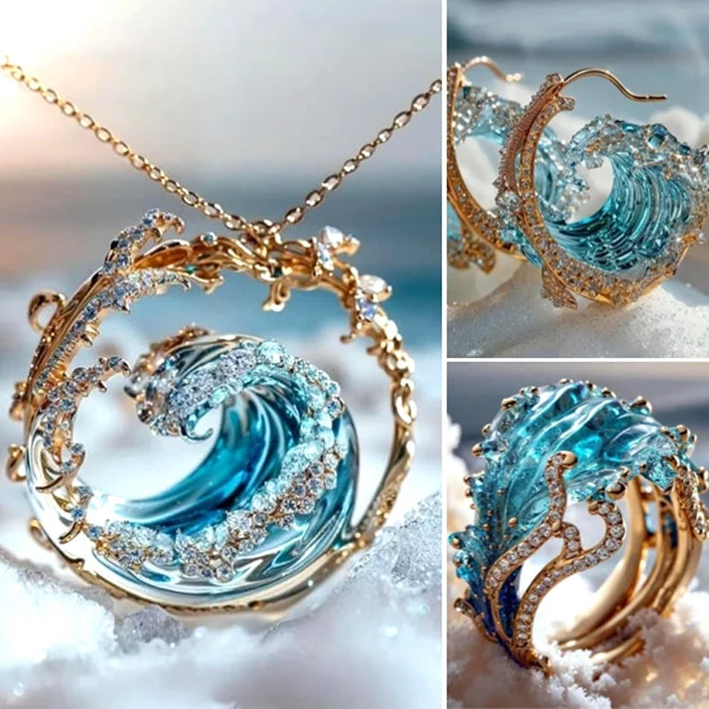 Elegant Blue Necklace Ring Earrings Set