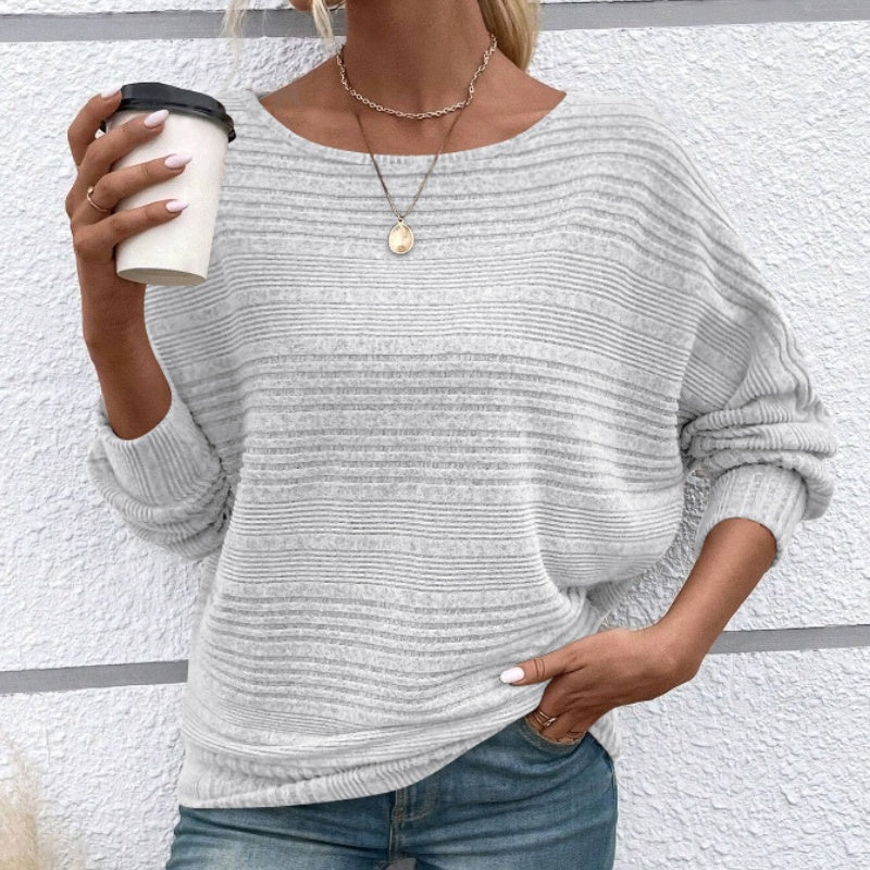 Solid Round-Neck Striped Top with Long Sleeves