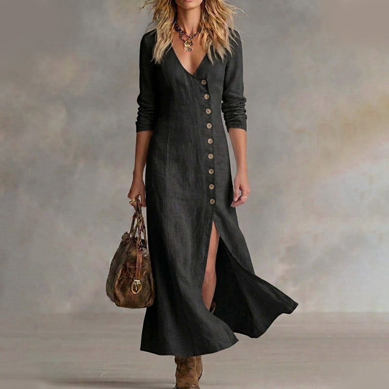 Women's Long Sleeve V-Neck Button-Down Maxi Dress
