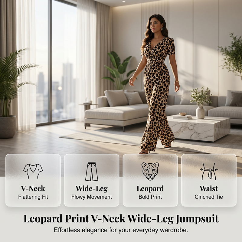 🔥Hot Sale Offers-Leopard Print V-Neck Wide-Leg Jumpsuit