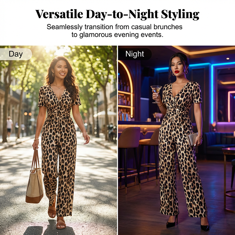 🔥Hot Sale Offers-Leopard Print V-Neck Wide-Leg Jumpsuit