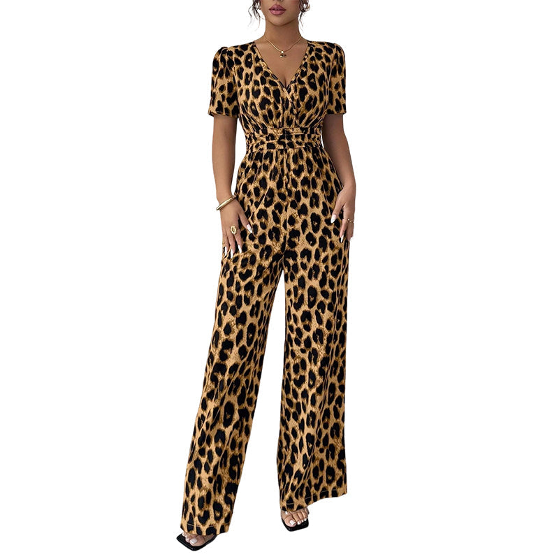 🔥Hot Sale Offers-Leopard Print V-Neck Wide-Leg Jumpsuit