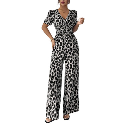 🔥Hot Sale Offers-Leopard Print V-Neck Wide-Leg Jumpsuit