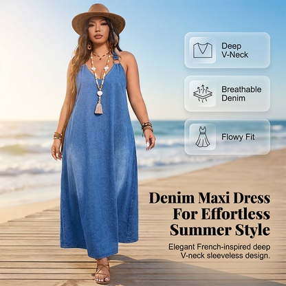 👗 60% OFF NOW! ✨ Casual Loose Fit V-Neck Denim Maxi Dress – Comfortable, Versatile & Perfect for Everyday Wear 🌸