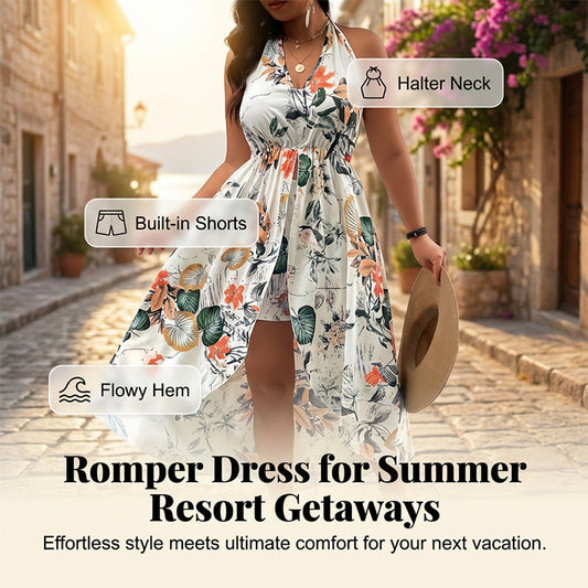 Women's Floral Halter Neck High-Low Romper Dress