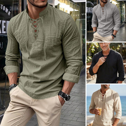👔 LIMITED-TIME 50% OFF! ✨ Men's Casual Solid Color Shirt – Stand Collar, Lace-Up Detail, Breathable Cotton 🍂