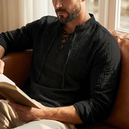 👔 LIMITED-TIME 50% OFF! ✨ Men's Casual Solid Color Shirt – Stand Collar, Lace-Up Detail, Breathable Cotton 🍂