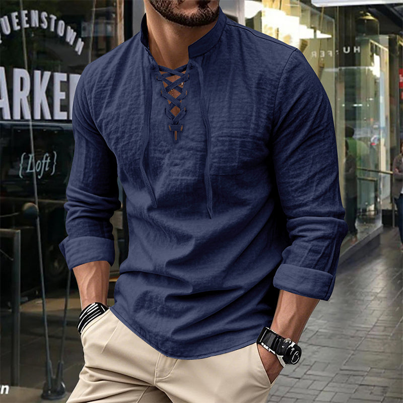 👔 LIMITED-TIME 50% OFF! ✨ Men's Casual Solid Color Shirt – Stand Collar, Lace-Up Detail, Breathable Cotton 🍂