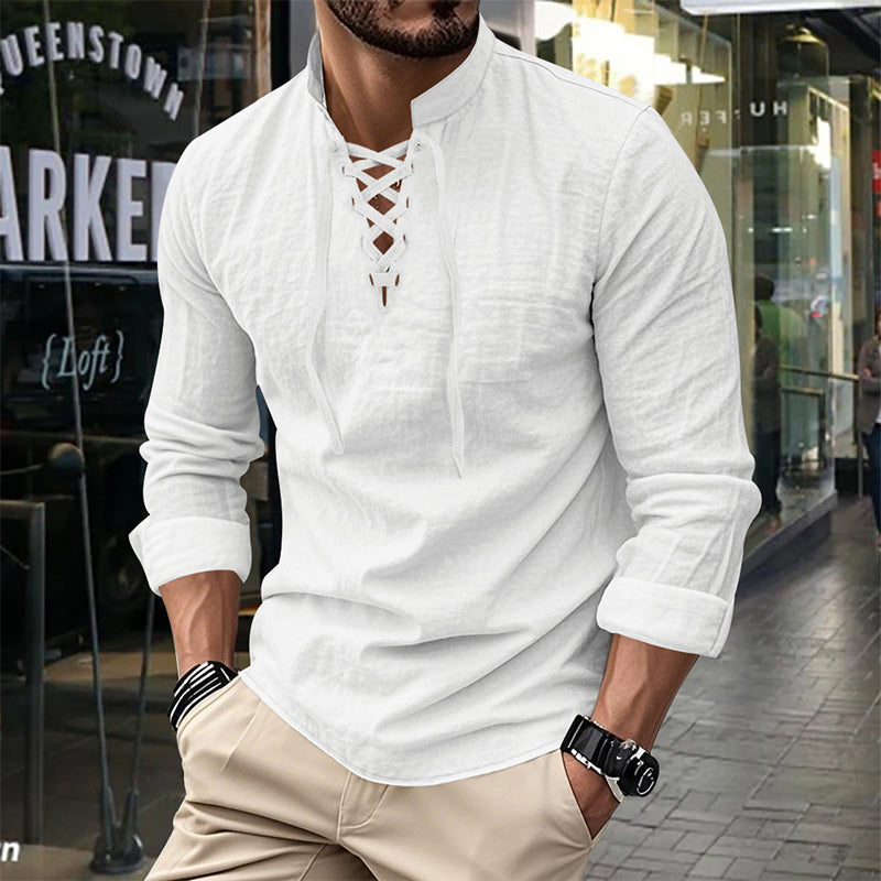 👔 LIMITED-TIME 50% OFF! ✨ Men's Casual Solid Color Shirt – Stand Collar, Lace-Up Detail, Breathable Cotton 🍂
