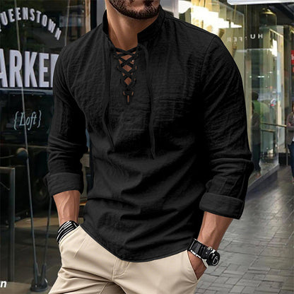 👔 LIMITED-TIME 50% OFF! ✨ Men's Casual Solid Color Shirt – Stand Collar, Lace-Up Detail, Breathable Cotton 🍂