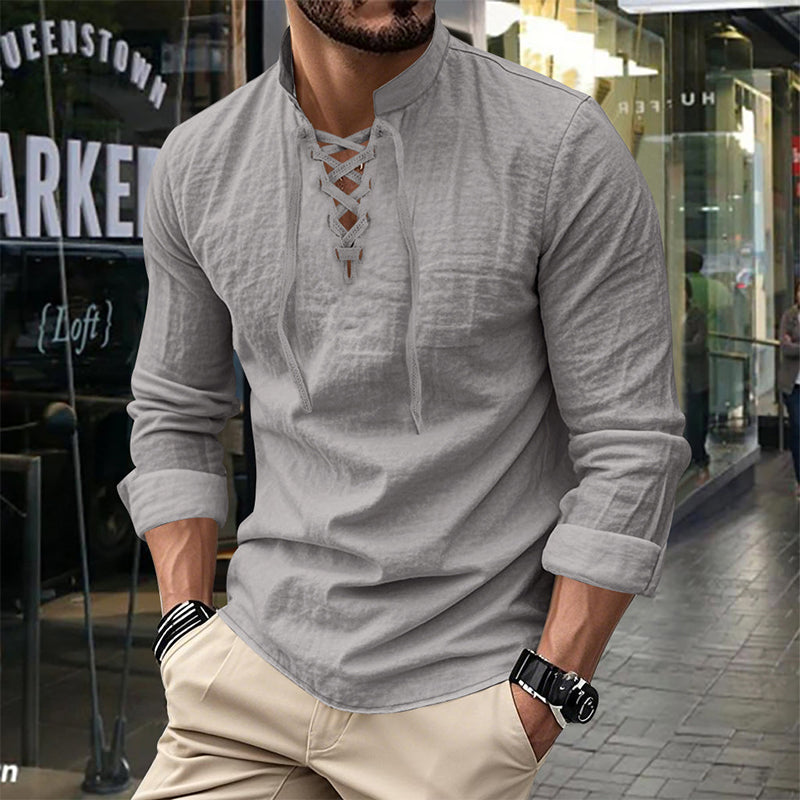 👔 LIMITED-TIME 50% OFF! ✨ Men's Casual Solid Color Shirt – Stand Collar, Lace-Up Detail, Breathable Cotton 🍂